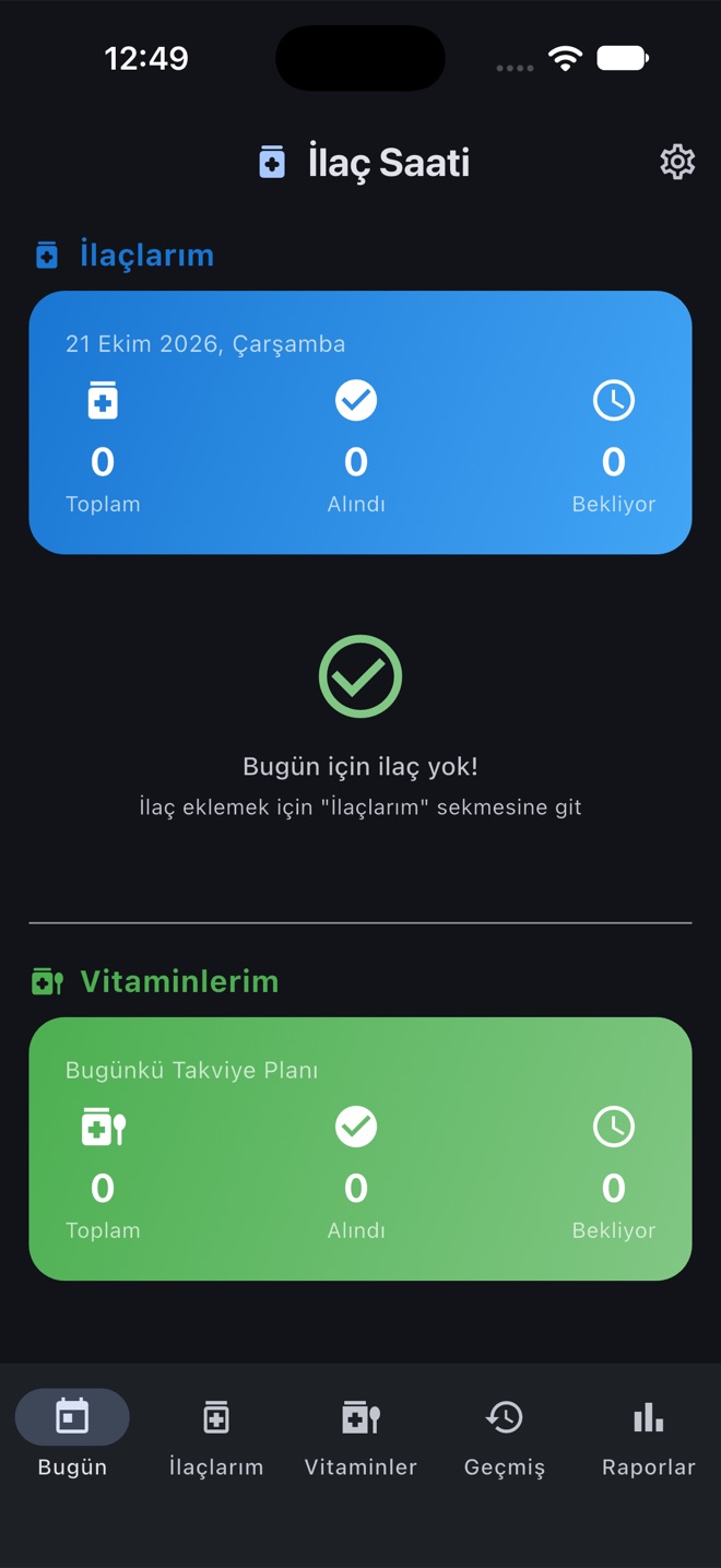 İlaç Saati uygulamasında günlük ilaç ve takviye planının özeti