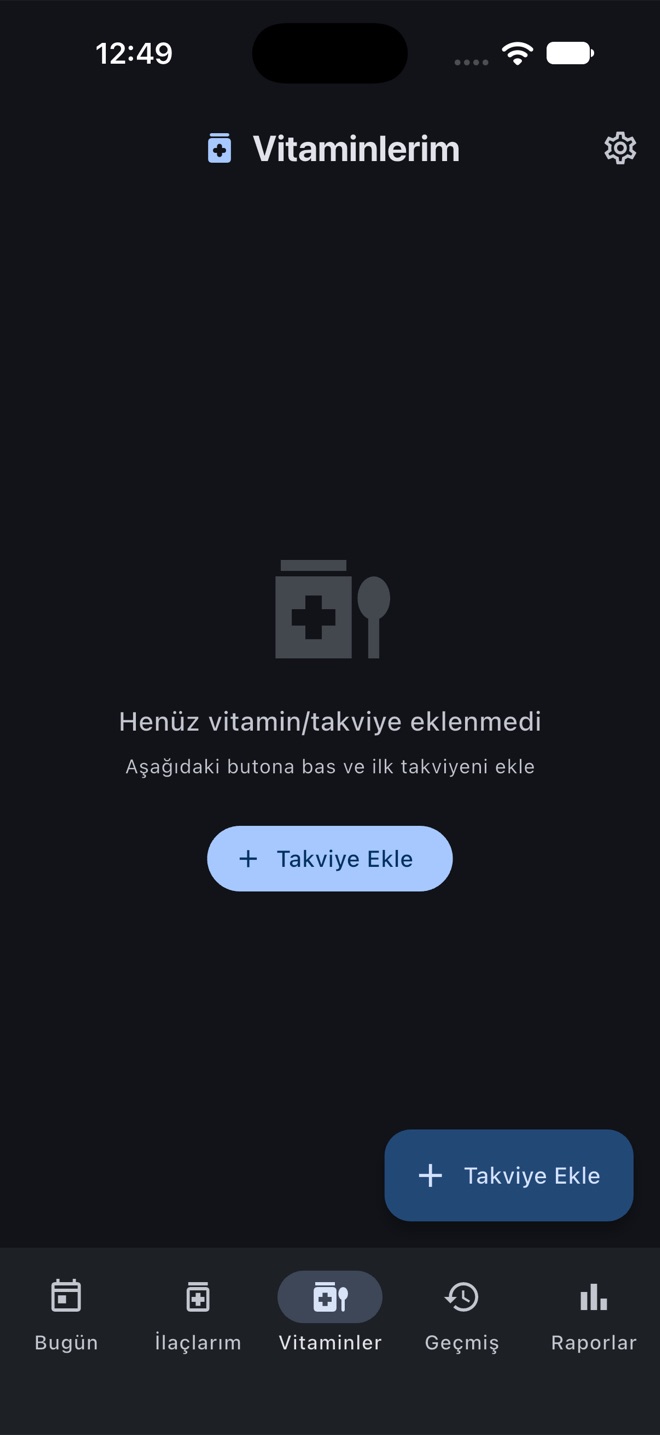 İlaç Saati uygulamasında vitamin ve takviye listesi ekranı